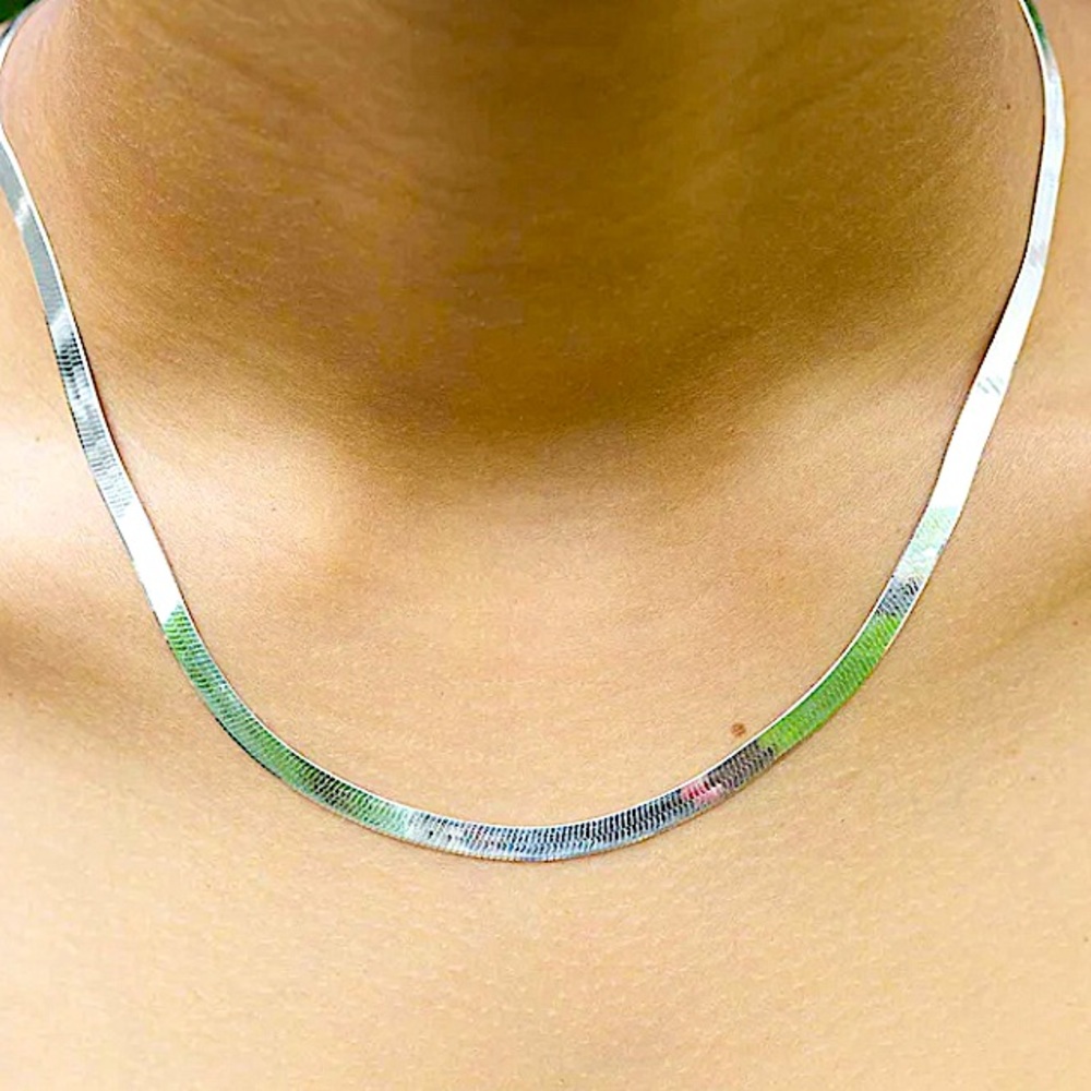 Sterling Silver Herringbone Flat Snake Necklace - Picture 10 of 14